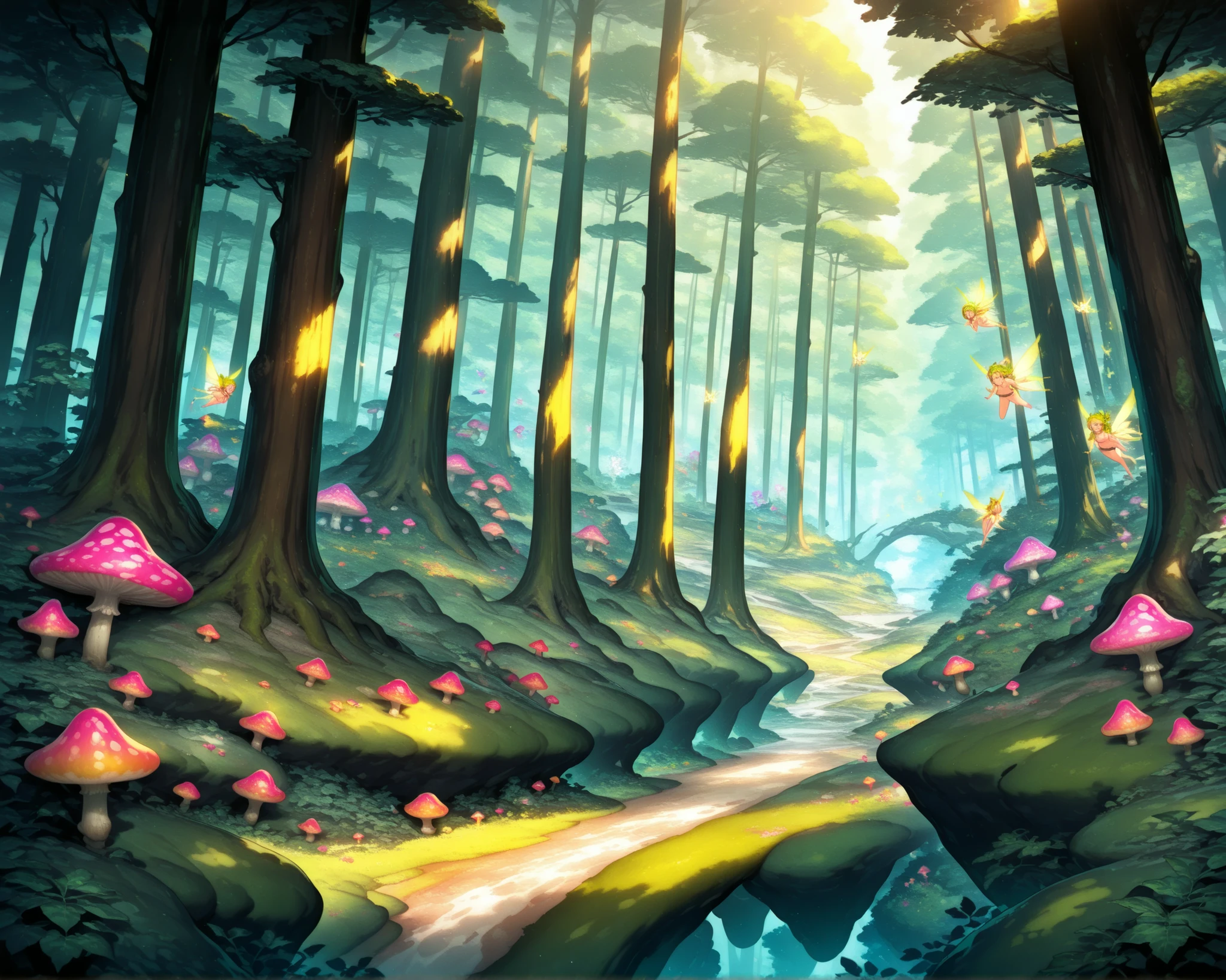 a fairy forest, detailed fantasy forest landscape, lush green trees, magical glowing mushrooms, mystical fairies flying, fantasy creatures hidden in the undergrowth, sunlight filtering through the canopy, vivid colors,4K,photorealistic,professional illustration