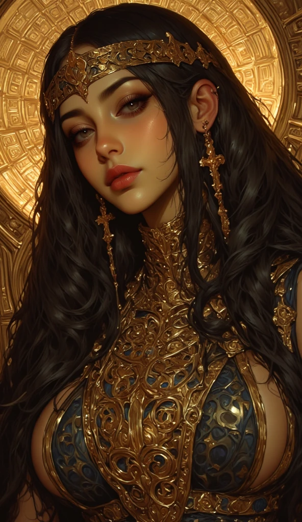 score_9, score_8_up, score_7_up, 1girl, Djinn, , huge and perky breasts, exotically alluring, thick thighs,  crossed legs, in a mystical desert, shot from the front, glowing golden skin, intricate jewelry, long black hair,