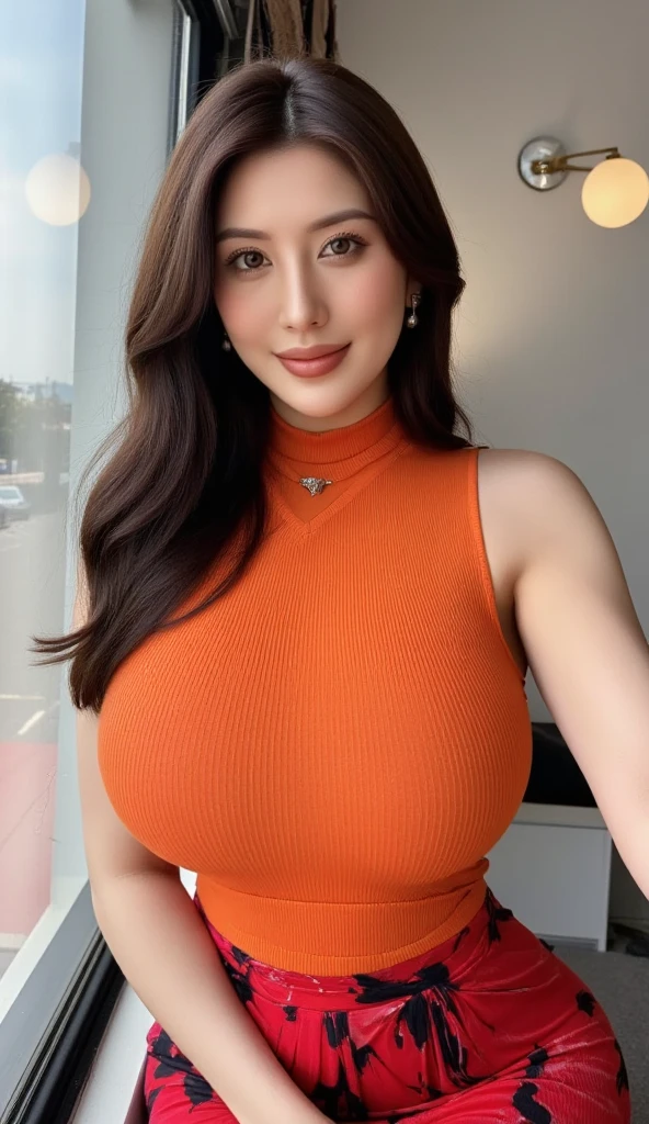 ((highest quality、8k))、(Very detailed)、 ((masterpiece)), (Detailed skin), Perfect Face、A Japanese woman standing a short distance away, Full Body、Depth of writing area: 100mm、
(Shooting from a distance、Head to toe full body shot:1.5), Natural Makeup, Light orange lipstick、
(Bright orange mini skirt、Round neck tight dress:1.2),
(Huge breasts:1.4), Slightly sagging breasts、thick, Curvy,(In front of the bar counter at night)、Blurred Background、
(Pixie Cut, Light silver mesh hair)、seductive smile、Shiny Earrings、(Tight waist:1.5)、Big Hips、 Tight waistと太いヒップ, Widest Hips,, Soft curved shape、(One hand next to the breast、One hand to the mouth:1.5)、
