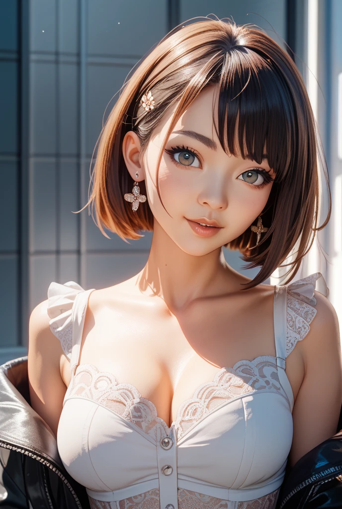 8k wallpaper、masterpiece、Highest quality、Super fine、Ultra-high resolution、The ultimate beauty、Real、((solo:1.4))、((smile)),((closed mouth:1.6)),masterpiece,cute clothes、collarbone、collared shirt、polite、((standing))、own hands together、upper body,purple eyes,((Luxurious room:1.4))