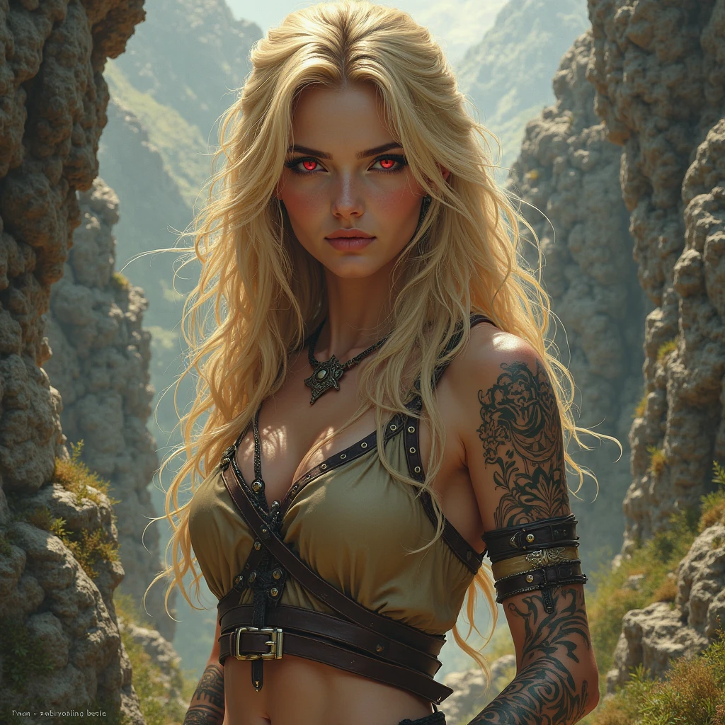 an incredible photo portrait of a beautiful blonde female pirate, photography, detailed skin, realistic, photo-realistic, highly detailed, full length body shot, provocative pose, expressive facial features, tattoos, High detail RAW color art, piercing, diffused soft lighting, shallow depth of field, sharp focus, hyperrealism, cinematic lighting