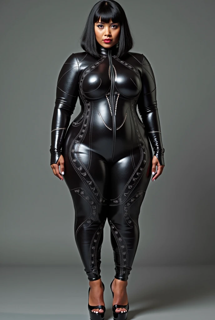 40 year old akilah female bodybuilder, big thighs, (fishnet catsuit), holding bullwhip, high heels, latex boots, walking out of hotel glass door, ((full body shot))