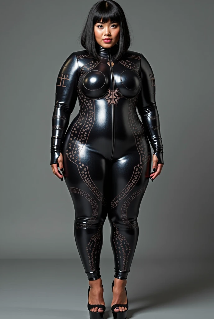 white bimbo, high heel platform boots, shiny latex, hoop earrings, bimbo, slutty, perfect fake boobs, tattoos, makeup, jack mass effect, full body view, sexy, porn star, looking at viewer