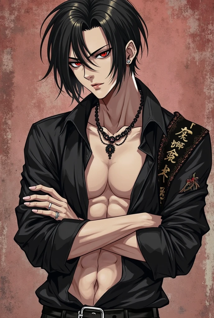 (1boy:1.5), (Pure black suit), masterpiece, black_hair, solo, 1boy, male_focus, red_background,murals, cinematic lighting, UHD, anatomically correct, best quality, super detail, 8k, best quality,