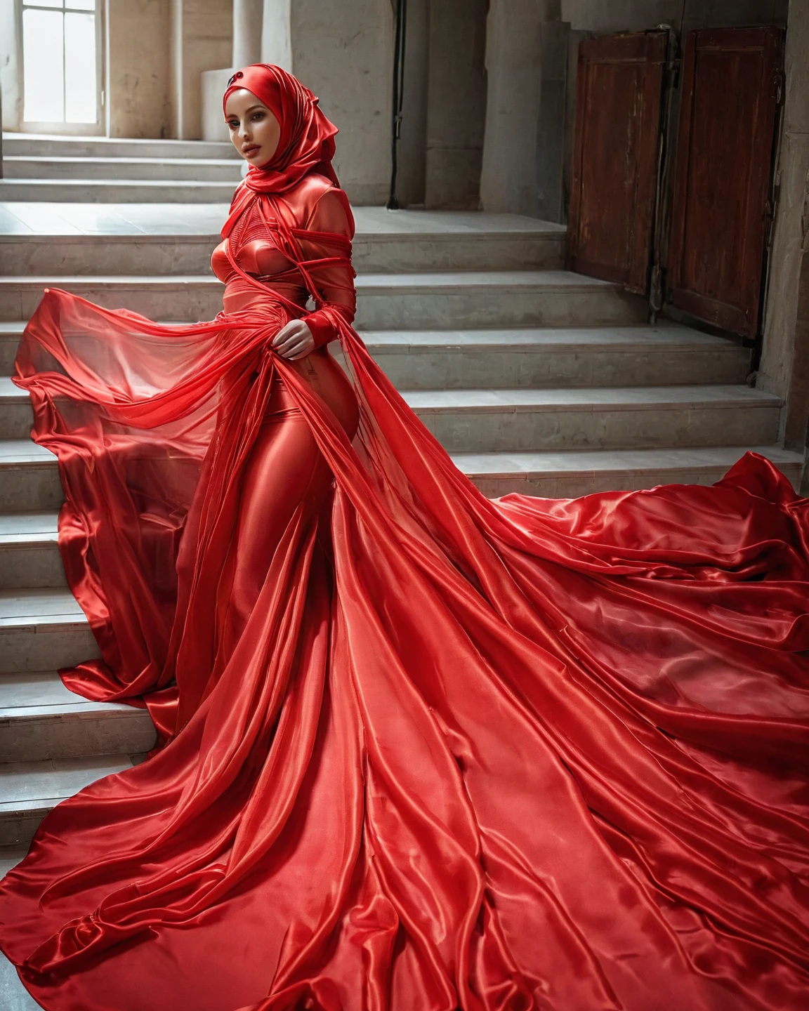 a sexy a woman covered in red satin cloth, mummified in satin, tied tight in satin, shape like mermaid gown, tight in leg, wearing a satin hijab, the satin is very long, forming the curve of the body,dramatic flowy satin,strugle to move,full body, wear high heel, strugle to walk, masterpice, flowy satin in floor,4k resolution, ultra-realistic, highly detail, great lightning.