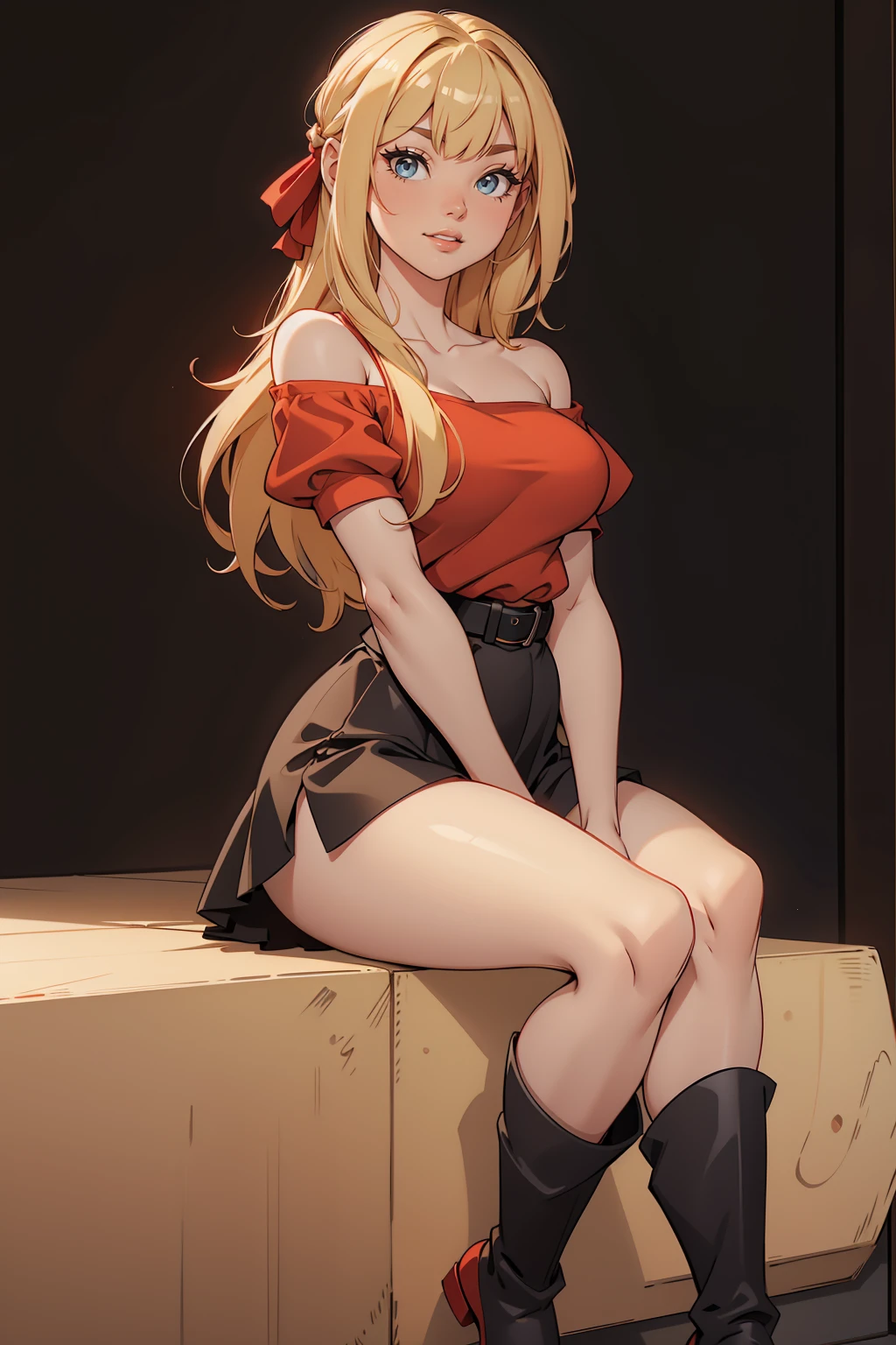 ((masterpiece,Highest quality:1.3,best quality illustration)),cowboy shot,1woman,(Mature Beauty),Female Swordsman、((very small head:1.4)),((ideal ratio body proportions:1.3)),blonde hair,long hair,bangs,gorgeous eyes,Blue eyes,smile,(Red turtleneck knitwear、navel、Red pleated mini skirt),(slender body,skinny),medium breasts,gleaming skin,shiny skin,Medieval European Castles、Sword and sorcery fantasy world、