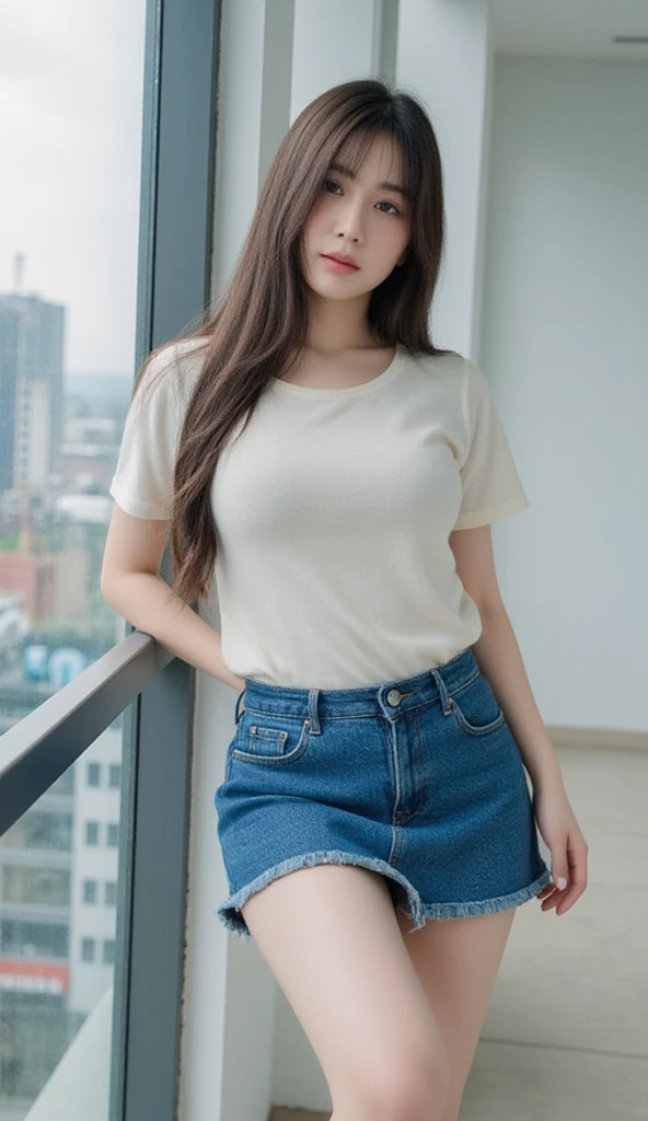 (Best Quality, 8K, masutepiece, Ultra HD: 1.3), 1girl in, mideum breasts, light brown hair, Blunt bangs, hair behind ear, hair over shoulder, Long hair, slender body shape, Ultra Fine Face, Delicate lips, Beautiful eyes, Double eyelids, lipsticks,Facial expressions inviting a man, Ultra-thin hands, Ultra-fine fingers, Short sleeve Y-shirt, tight skirts , beauty legs ,pumps.s Office