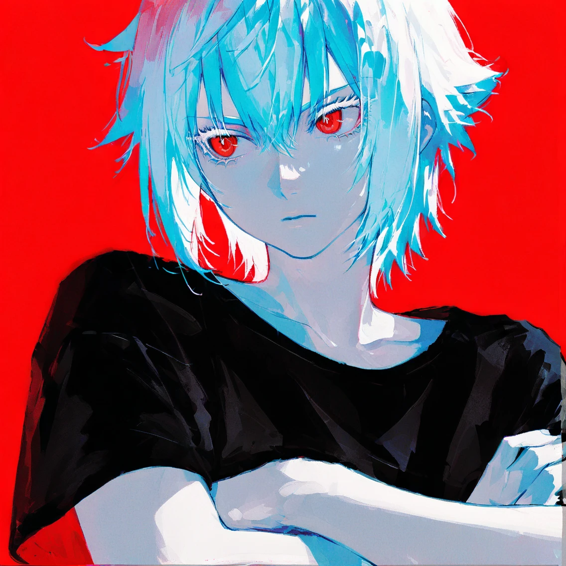 portrait, masterpiece portrait of Rei Ayanami \(evangelion\), evangelion \(Hideaki\), high resolution illustration, red eyes, feminine, no pupils, blue hair, short hair, desolation, ruins
