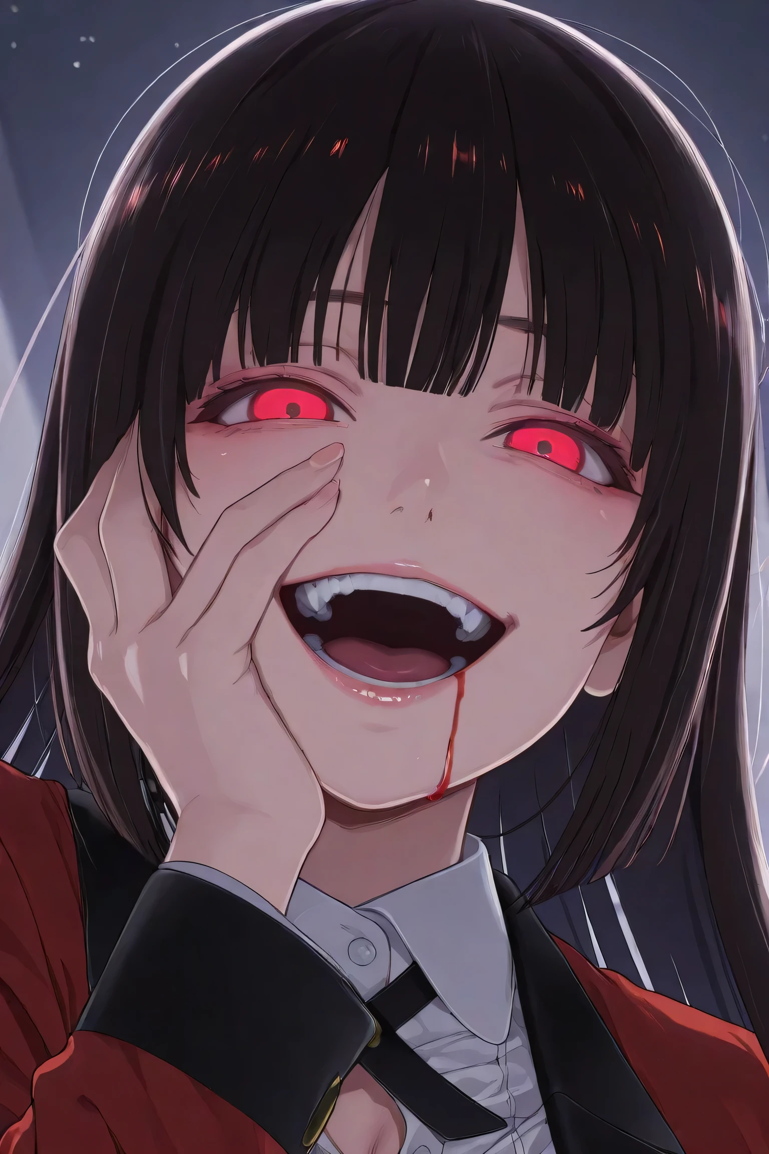 jabami yumeko, smiling, red eyes, crazy, open mouth, hand on face