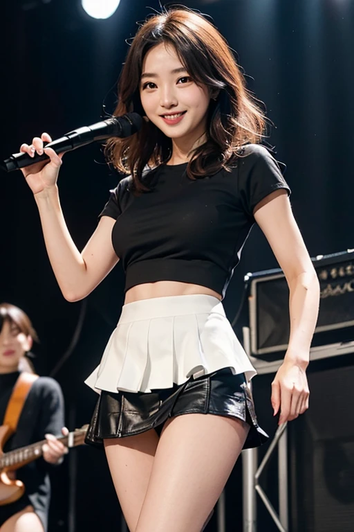 (best quality, ultra-detailed, realistic:1.37), woman, whole body, with a lively expression, bright eyes, small mouth, thick lips, healthy and bright skin tone, black hair with blunt bangs and short crop hair that is shiny, big breasts, thighs a little thicker, looking at the camera, beautiful tea set, bright and colorful pop stage costumes, wearing a hairband, under cinema lighting, idol,Ruffled mini skirt,