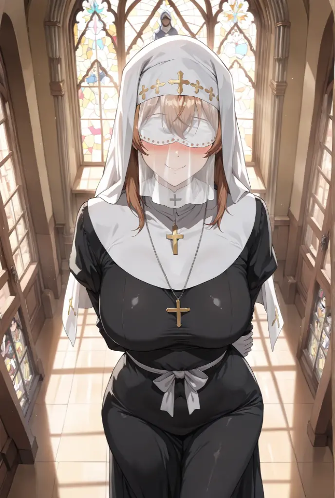 ((Mature Woman)),(man touching women's chest),((best quality)),(()),(Squint eyes:1.3),(embarrassing,blush:1.3),((nun)),red eyes,at churchw!(button-down),Gold decoration,