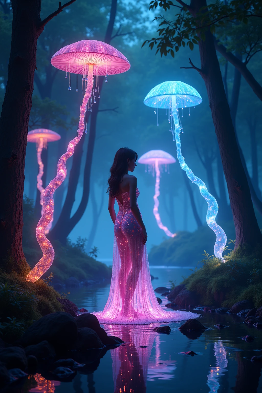 woman sitting in sunset forest, pink hair, cute face, There are bioluminescent jellyfish and fireflies flying around in the air, beautiful reflections in the water, realistic, cinematic, aesthetically, highly aesthetic, artistically, extremely detailed, masterpiece, light refraction, extremely detailed, hyperdetailed, masterpiece