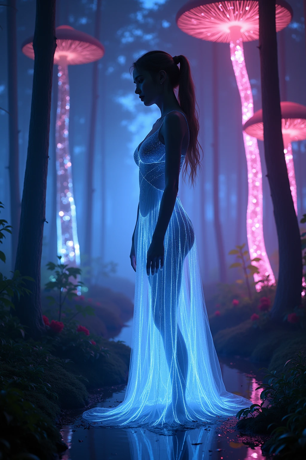 (realistic:1.3), finely detailed, quality, rembrandt lighting, (masterpiece:1.2), (photorealistic:1.2), (best quality), (detailed skin:1.3), (intricate details), dramatic, ray tracing, 1girl, japanese girl, 21 years old, detailed skin texture, (blush:0.5), (goosebumps:0.5), subsurface scattering, smiling, medium breasts, short hair curls, bangs, hair between eyes, (bioluminescent dress:1.2), full body, (outdoors, lake, (night, night sky, very dark background:1.4)), <lora:bioluminescent_dress-1.0:1>