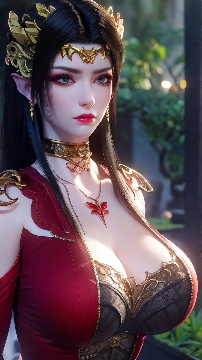 1 extremely beautiful queen, ((wearing traditional red hanfu with thin black patterns:1.6)), (((Patterns on clothes:1.6))), ((long black hair:1.6 )), elaborately crafted jewelry from precious stones and beautiful hair, (((wearing a 24k gold lace necklace:1.4))), noble, noble style of an extremely beautiful girl, Super cute little face, very pretty face, thin eyebrows, flawless beautiful face, ((black eye pupils: 0.8)), very beautiful eyes, ((platinum blue eyes: 1 ,6)), (((wide eyes: 1.6))), beautiful and detailed makeup, wet eye makeup eyelashes, high nose, earrings, red lips, ((closed mouth: 1.5) ) beautiful lips, slim arms, most beautiful thighs, ((arms behind and spread out to the sides: 1.5)), ((bent sitting position with chest out toward the audience and arms behind: 1.6) ), rosy face, clean face, flawless beautiful face, smooth white skin, (( super big and round firm breasts: 1.8)), firm breasts, beautiful cleavage, beautiful breasts, body perfect and proportioned, back arms, open chest, black sheer stockings with black lace trim, 8k photo, super high quality, hyper realistic, super 10 x pixel, optical, bright studio, bright edges, lighting two-tone, (high detail skin: 1.2), ultra 8k, soft light, high quality, volumetric light, optical, optical high resolution, light, best shot, quality 4k, 8k, smooth sharpness, 10 x pixels, ((sea and moonlight at night background: 1.5)), surreal graphics, most realistic graphics, 1 girl, alone, solo, extreme visuals sharp, surreal, (((frontal portrait: 1)))."