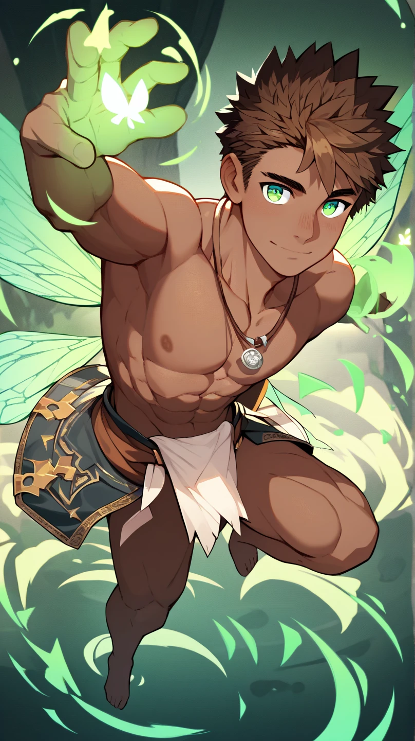 Peter Pan, young man 19 years old, ideal build, athletic, muscular legs, voluminous calves, round hips, handsome, perfect, sensual, as a fairy guy, Ideal body, aesthetically pleasing, beautiful, erotic, fluttering over the grass, collecting flowers in a fairy forest, hip miniskirt, thong, transparent wings, sandals, armlets made of plants, Dynamic pose, fantasy , in Valeggio style