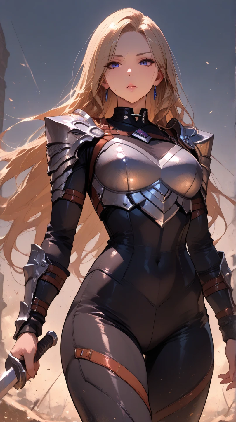 Outside the grassland、1 30-year-old female、Blonde long hair、Knight Commander、leotard、bodysuit,Put on a helmet、(Holding a sword、Claymore Great Sword),She is fighting monsters