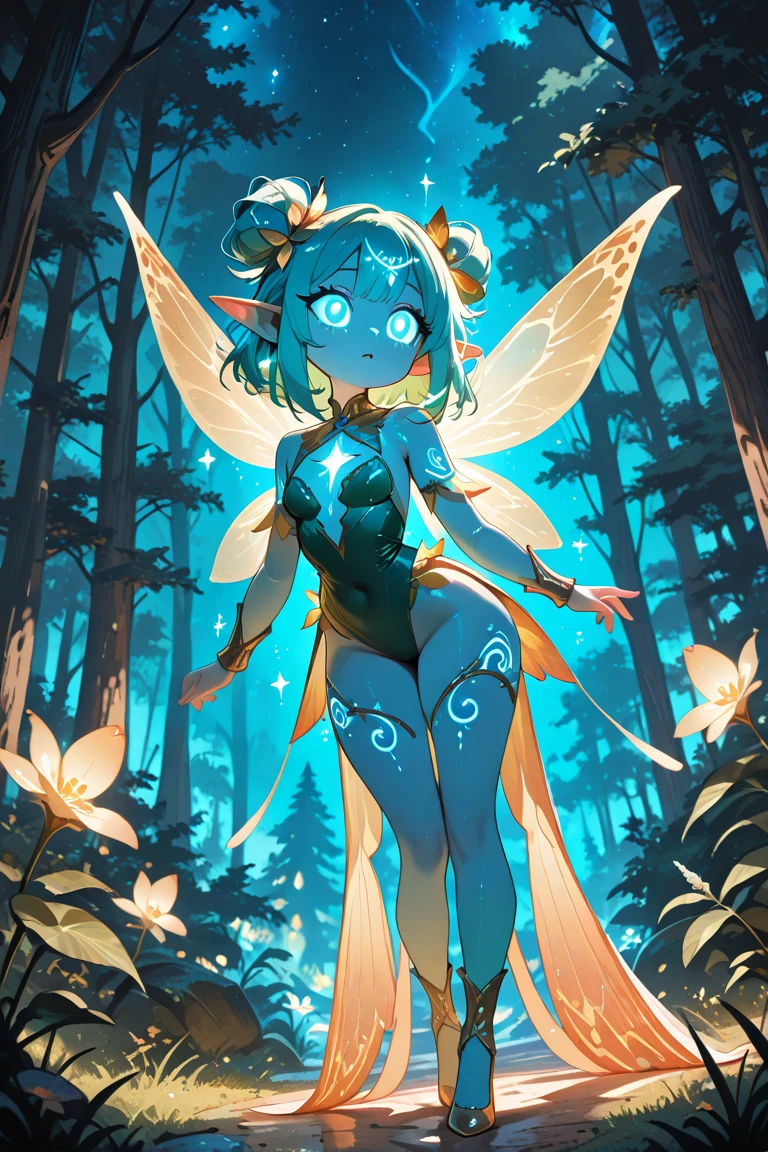 Masterpiece, high quality, perfect anatomy, female, fae, (fairy), delicate figure, (dark skin), glowing (fairy wings), 1girl, inviting smile, tall, elegant, elf ears, bioluminescence, glowing tattoos, beautiful face, blue hair, long hair, glowing eyes, toned, (abs:0.7), small breasts, curvy, blushing, pierced nipples, belly button piercing, nude