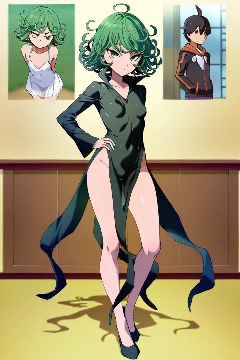 a sexy woman wear black stocking, fog, soft light, (best quality), (masterpiece), slim, long legs, (flat chested), anime, (green hair), (standing)