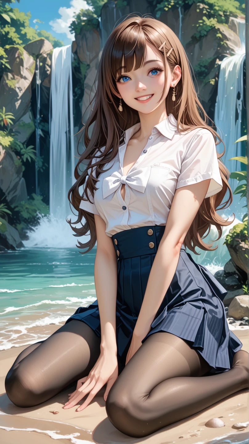1girl, full body, solo, summer, village, trees, sun, clouds, ((colorful hair)), long hair, curly hair, ponytail, large breasts, button down shirt, ((white shirt)), black blazer, ((unbuttoned shirt)), unbuttoning buttons, popping buttons, cleavage 1:3, brown eyes, ((skirt)), smile, looking at the viewer, touching neck, standing, hair ribbon, golden necklate