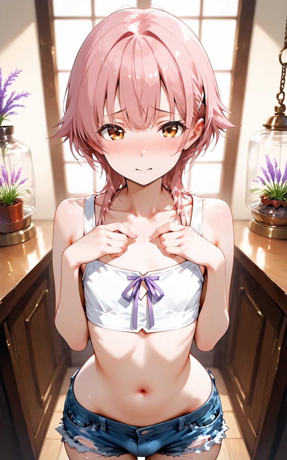masterpiece, best quality, highres, ny1,,looking viewer,,6yo,(petite), ,white bra,white panties,socks,expressionless,my room,,standing,
