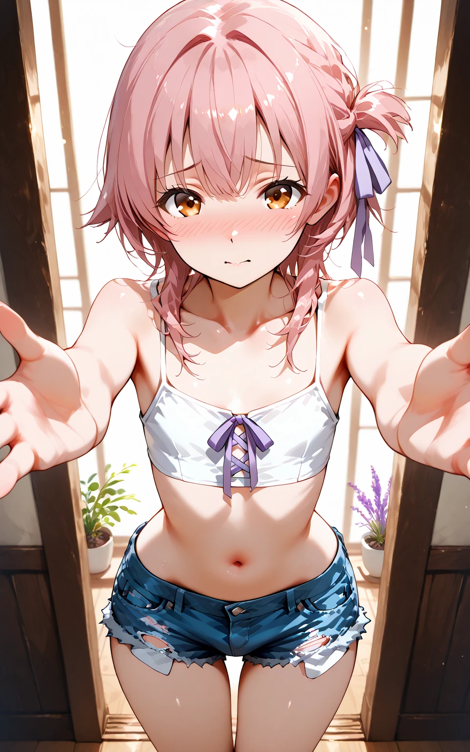 Xiaoqingshui_sachiko, (little breast:1.5),  1 girl, Be red in the face, Brown_The eye, the hair_decorations, purple the hair,  the hairclip, ssmile, with her mouth open, shorter pants, (white  shirt:1.5), 鎖骨, bead bracelet, short- sleeved, (tiedshirt:1.5), (Purple skirt:1.2), (ruffle skirt 1.2),  (pink the hair ribbon), short the hair, (be on stage), stomach, (Raise Hand:1.2),