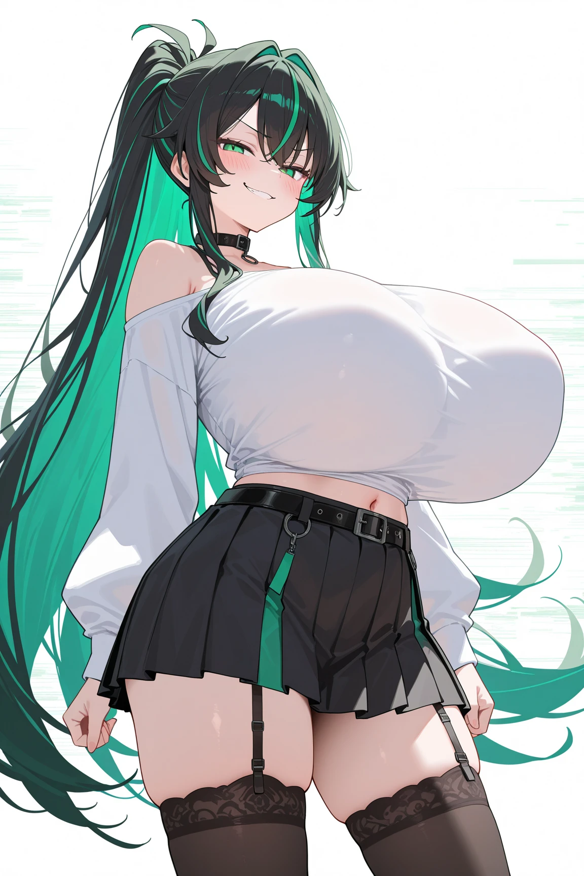 (masterpiece, best quality, unity 8k wallpaper, highres, absurdres, background), depth of field, perfect lighting, cinematic shadows, BREAK
(super_perfect_good anatomy head face fingers arms hands limbs legs, slender, constricted waist), solo, BREAK
(super_beautiful_detailed 1girl_25yo gigantic_long_sagging_breastss collar two-tone hair green_hair pink_eyes), guilty \(nikke\), BREAK
(hands tied behind the back),