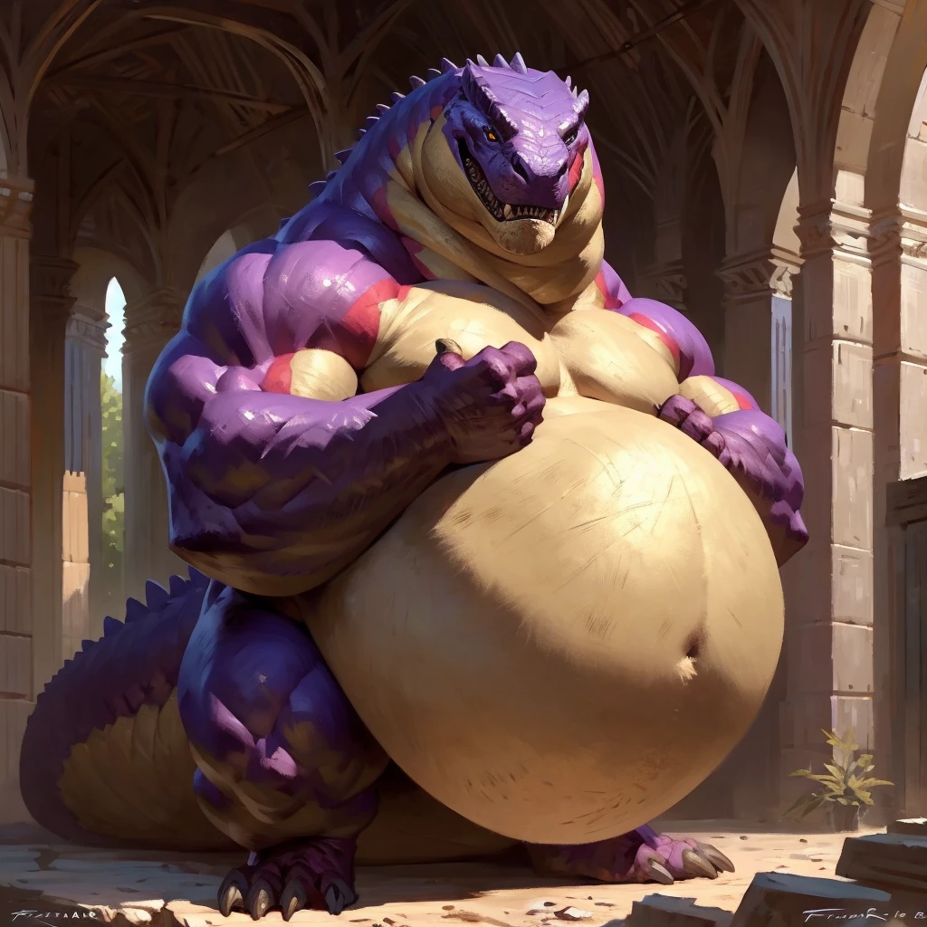 A gigantic muscliar dragoness with huge and round pregnant-like belly spreading her arms to offer a warm hug to a viewer, her muscles and neck are thick and wide, her hunched body allows the viewer to get closer to her belly, Detailed painting by Taran Fiddler
