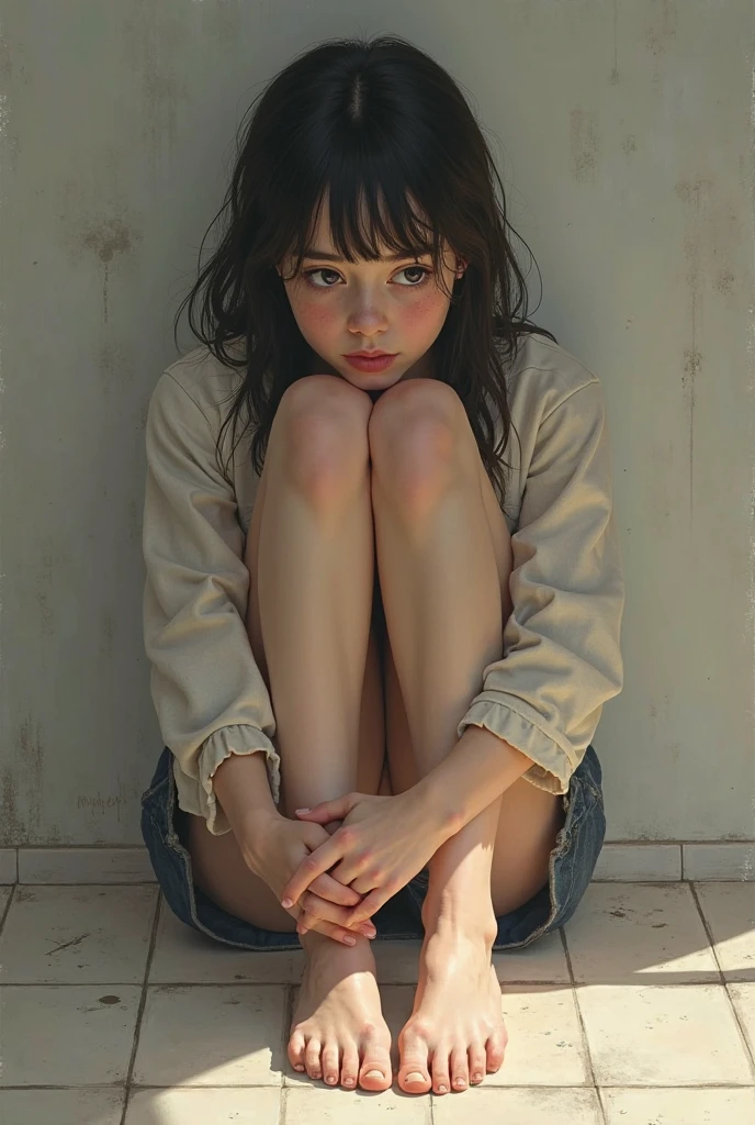 Cute 18-year-old girl, god, Short Girl, A slim body, Small boobs, Small breast, Small booty show, ultra mini skirt, detailed face, beautiful eyes, long eyelashes, cute expression, Minimalist interior, dark-toned interior, photorealistic, 4K, high quality, hairstyle two ponytails, Short skirt, sneakers, sitting on the floor, front view, full body
