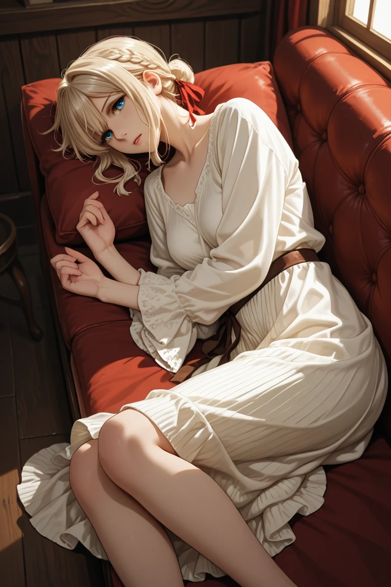 A woman, 20 years, by the wide, by white, honey yellow eyes, small braids in her hair, chest a little big, beautiful body, fearful eyes, shy facial and body expressions, sloppy clothes, full body, sitting in an armchair, view from above
