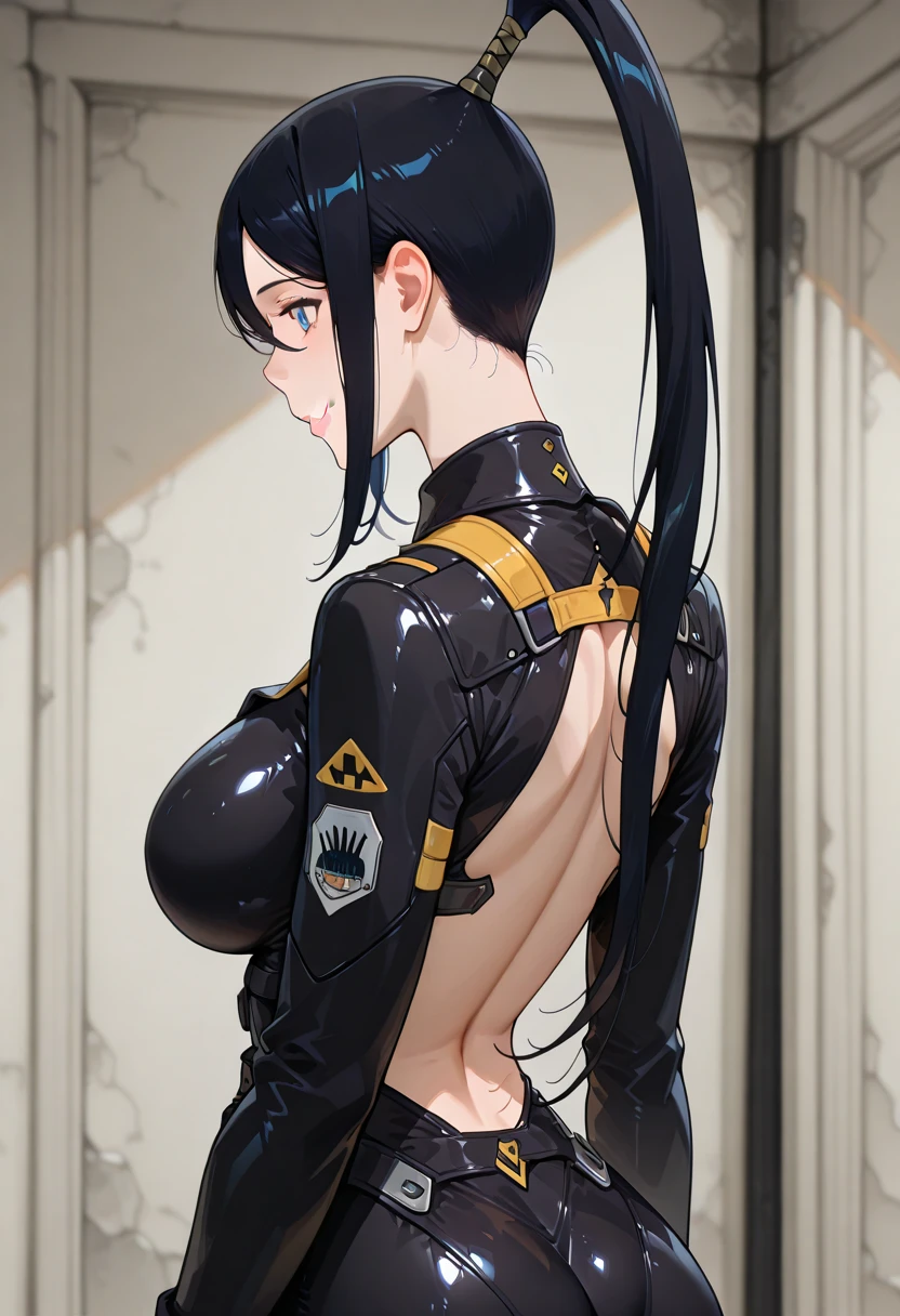 (masterpiece:1.4),(best quality:1.4), beautiful face, beautiful eyes, 1girl, solo, female mature, black hair, long hair, (yellow eyes), large breasts, black latex suit, ((night vibe background)), hair intakes, exquisite eyes detail, exquisite character design details 8k HDR, professional art, landscape, (solo:1.5, 1girl:1.4, cowboy shot:1.5), milf, 35 years old girl, (looking at viewer, smug, leaning to wall), Annerose
