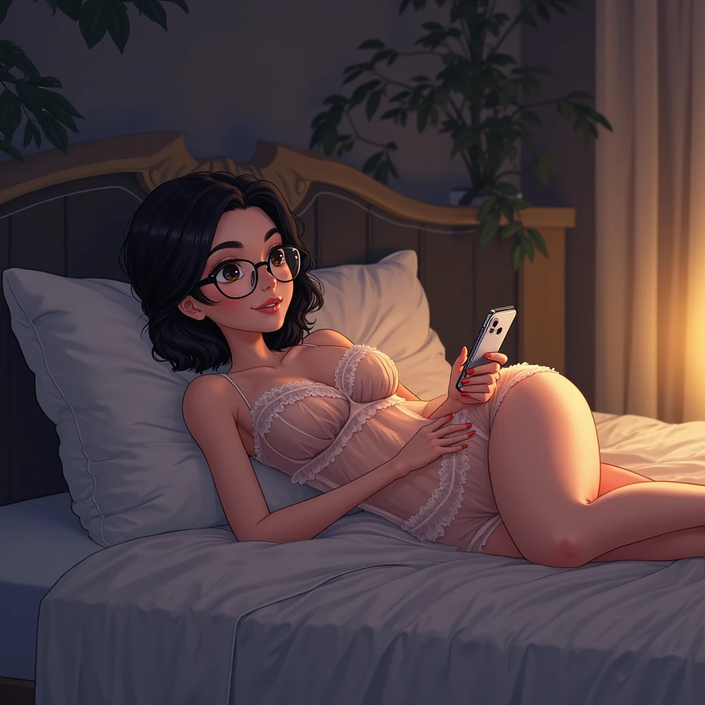 20 years old woman, Short brown hair, Méditerranéenne aux blue eye, Generous and heavy breasts, slender waist, estomac defini, fesses rebondies et pulpeuses, naturally curved, muscular thighs, aguicheuse, in the bedroom, blue eye, in the night, pyjama blanc transparent, lunettes, Selfie