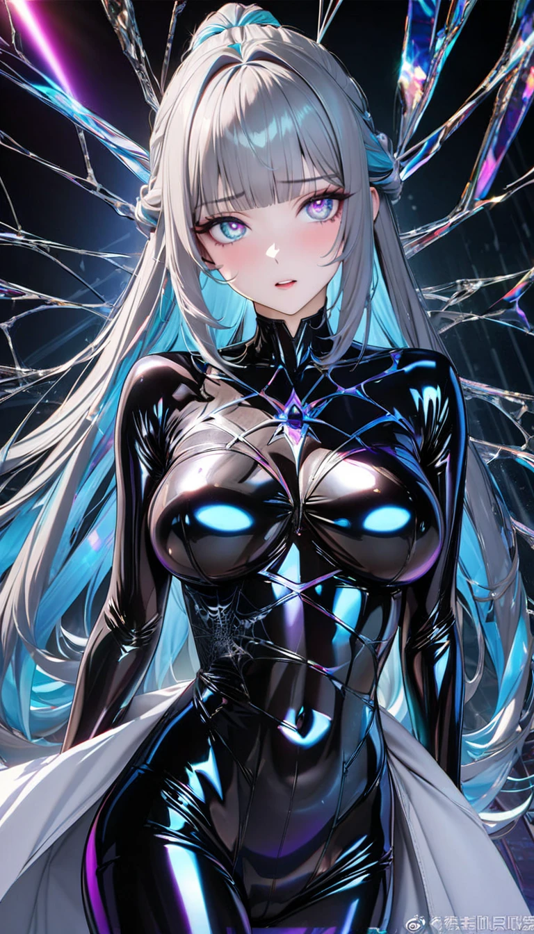 A girl with long dark iridescent hair, iridescent eyes, fair skin tone, slender and athletic built, bodysuit, detailed hair, detailed eyes, detailed body, best quality, aesthetic,8k