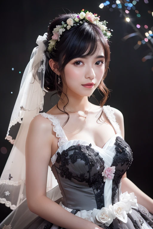 (masterpiece:1.4),(Highest quality:1.4),超High resolution,High resolution,8k resolution,One girl,(Detailed facial expressions), Evening sky,Street lamp,Slim body, (Long black hair:1.2), Glowing Skin,(White and light blue maid clothes, separate, Pink ribbon:1.3),View your viewers, Walking, smile