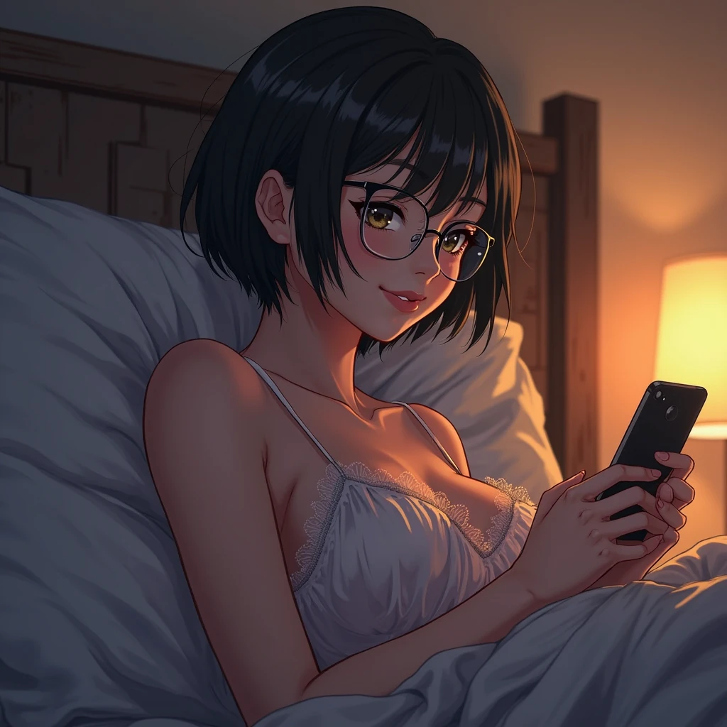 (8K, RAW Photos, Highest quality, High resolution: 1.1), (ultra Realistic: 1.4), (Realistic, Realistic: 1.3), The Beauty of Japan, pajamas, ((Upper Body: 1.3)) High resolution, Realistic image of a Japanese woman with short hair, She has big breasts and red cheeks, Look at that, Embarrassed look, While taking a selfie. Her smartphone is close to her face. She appears to be live streaming from her home., Spread on the bed, With a blanket over my chest.、深night、night、Upper Bodyは、Nipples sticking out、Erect nipples、Embarrassing、Bathroom