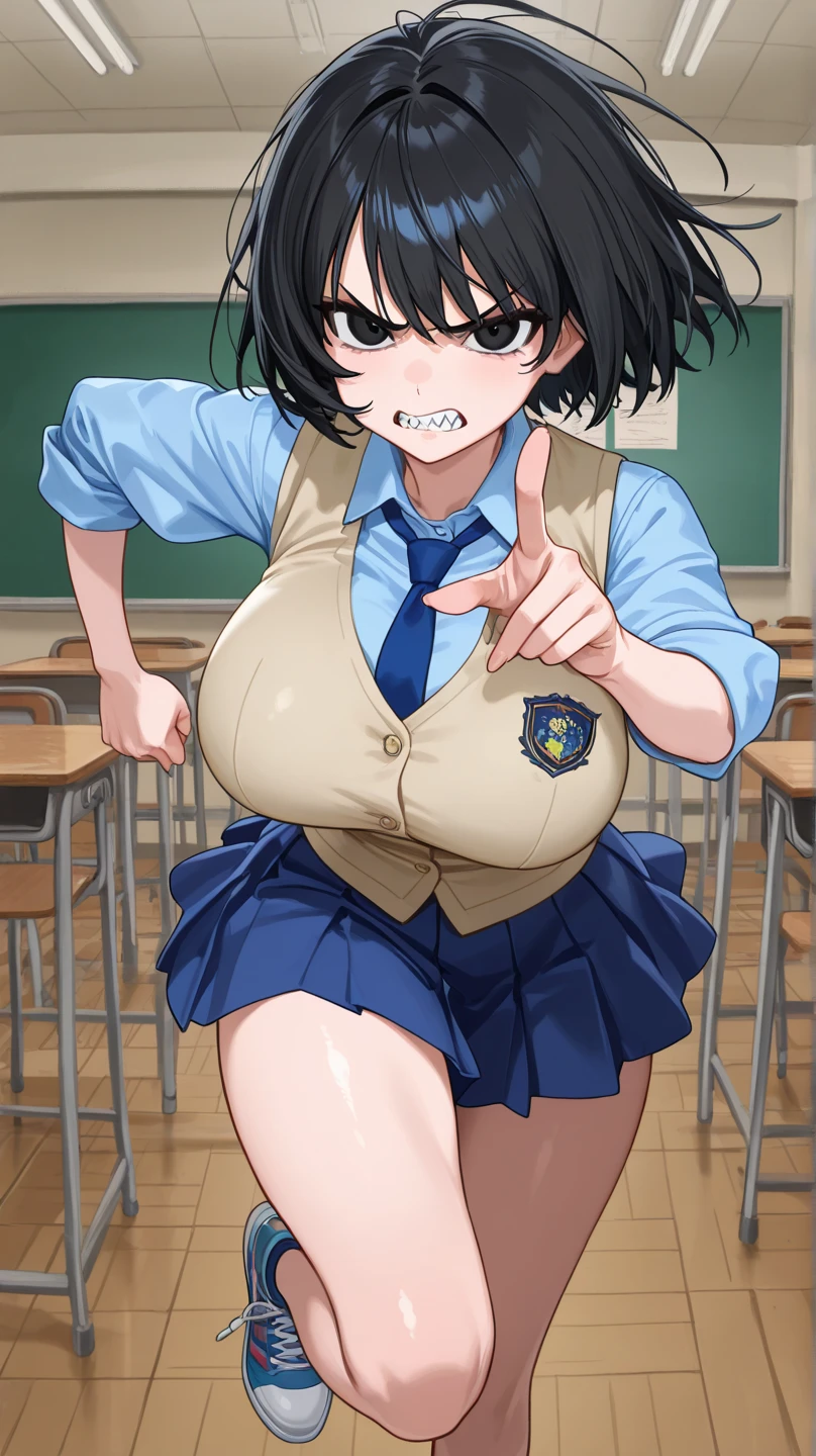 ((1girl)), black hair, extremely long hair, yellow eyes, ((muscular)), , thick thighs, solo, angry, (pale skin), cowboy shot, (school uniform) ()