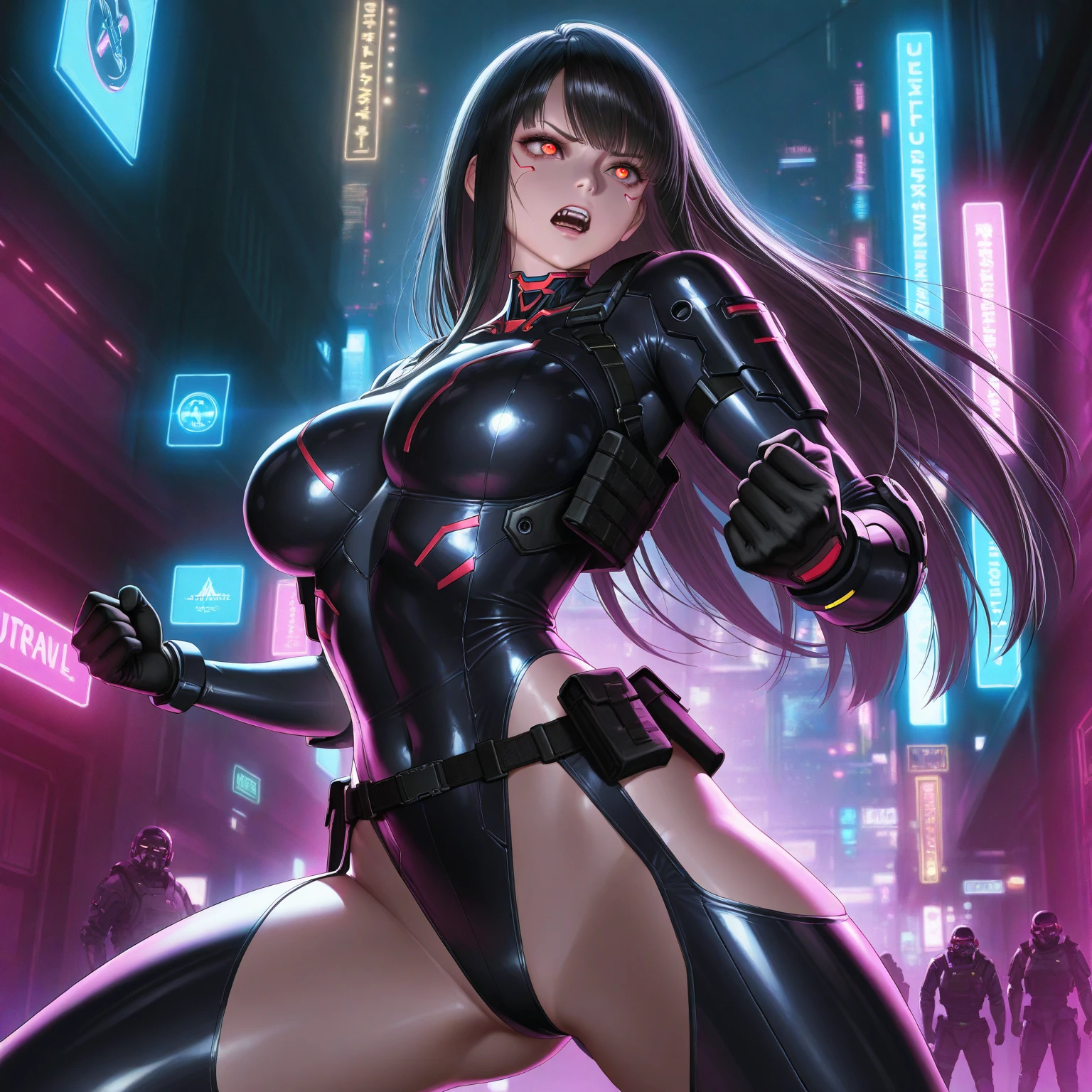 realisitic、tits out、Cyberpunk、cleavage of the breast、Beautifully shaped breasts、Overexposed、Cyber City、a moon、Moon Night、nightcity、((top-quality)), ((​masterpiece)), (high-detail:1.3), 3D, Beautiful fece、mechanical suit、Near Future Cyber Suit、Black Cybersuit、Black Robot Costume、bustup、Kamimei、machinery suit、laser beam、s ass、Backward