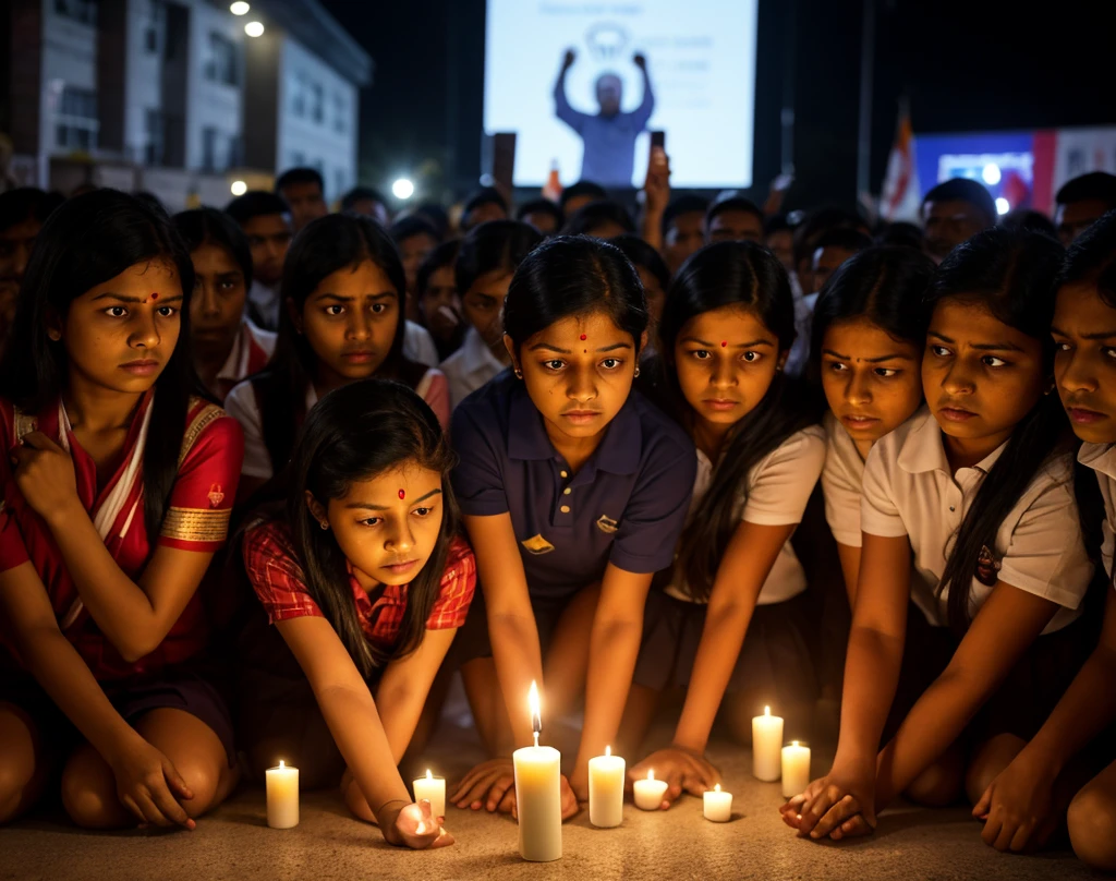 picture of some bangladeshi brown students in school-college uniform crying infront of coffins of their batchmates , with national flag nearby and banners written "Justice for HSC24"  infront of Bangladesh Education Ministry, add emotional crying scene  ,and many coffins ,and a rainy weather in a dark background , add banners "justice for hsc 24" , give banners in their hand written "justice for hsc 24 " and also national flag of Bangladesh