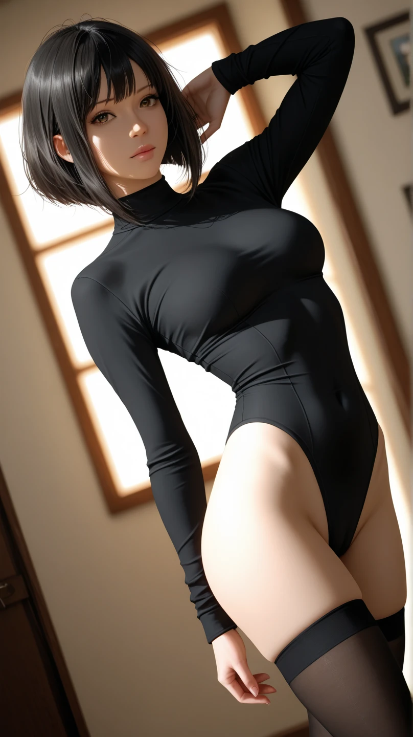 (RAW Photo: 1.2), (Photorealistic: 1.4), (Masterpiece: 1.3), (Best Quality: 1.4), Ultra High Resolution, Landscape, Solo Focus, (Full Body), (Detailed Eyes), (Detailed Facial Features), (Detailed Clothing Features), Tight Skin, (Shiny Skin), (One Girl, Solo), Happy, Smile, Bob Hair, Silk Tights Bodysuit, (Erection, Emerge, streaks),