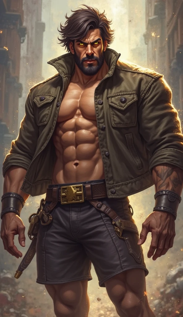 1 man, solo, old man, upper body shot, a man making green fire out of his hand, white skin, shirtless, open chest, tattoo, symmetrical tattoo, stubble facial hair, muscular, hunk, short cut hair, black hair, smirks, turn head pose, hadesstyle, green fire, mythical fire, fantasy world, best quality:1.2, masterpiece, high resolution:1.2, big light yellow trench coat, gold necklace, high camera angle, shadow, volumetric lighting, flat style