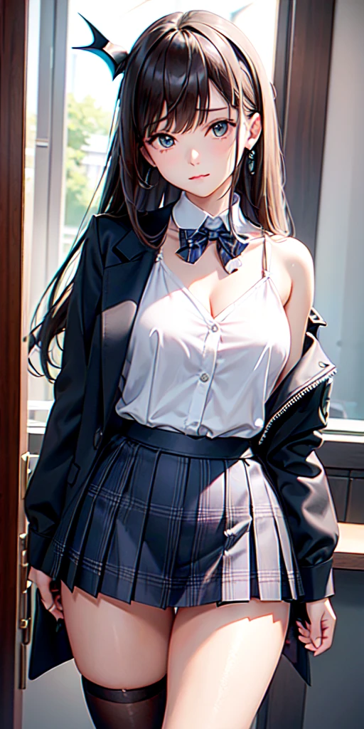 (Highest quality), (so beautiful), (Super detailed), (Best illustrations), Gal, Improve, alone, 1 dog, Rainbow Hair,Long Hair, Messy Hair, Random color eyes, Large Breasts, candy stripe dress shirt, Pleated skirt,Tokyo,Fancy city,Laughing with your mouth open