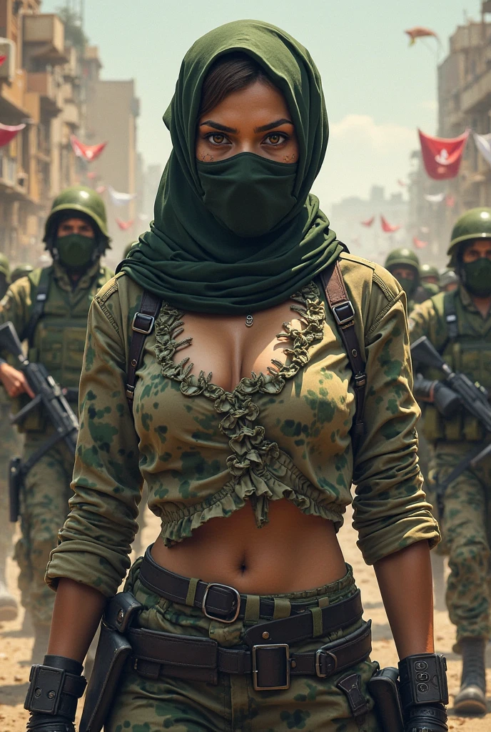 50yo MATURE MILF AISHWARYA RAI, with assault riffle in hands, (photorealistic), beautiful lighting, best quality, realistic, full body portrait, real picture, intricate details, depth of field, 50-years-old, standing on top of army tank, very attractive mature milf solider,((big cleavage, wide hips)), ((wearing hijab)), wearing millitary pants and crop top showing cleavage, knee high boots, combat gloves, (kneepads), highly-detailed, perfect face, hazel eyes, lips, wide hips, ((mature hourglass figure)) make up, tacticool, Fujifilm XT3, outdoors, bright day, Beautiful lighting, RAW photo, 8k uhd, film grain, ((bokeh))