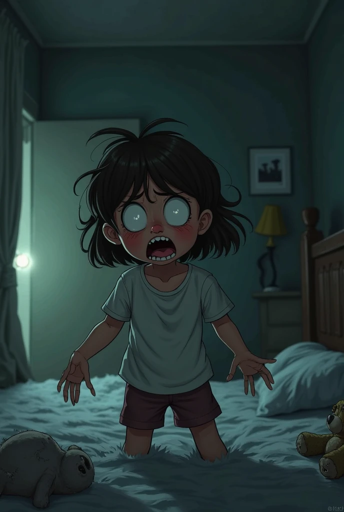 A young child in bed, eyes wide with fear, as shadows and eerie shapes loom around the room, reflecting the witch’s influence.
Use high resolution cartoon