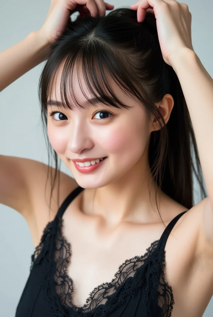 1girl, japanese, cute, highly detailed face, long-shaped and narrowed eyes:1.2, small pupil, 30 years old, light smile, teeth, dynamic pose, <lora:kounomarika_lora-06:0.9>, best quality, white dress, selfie, smartphone,