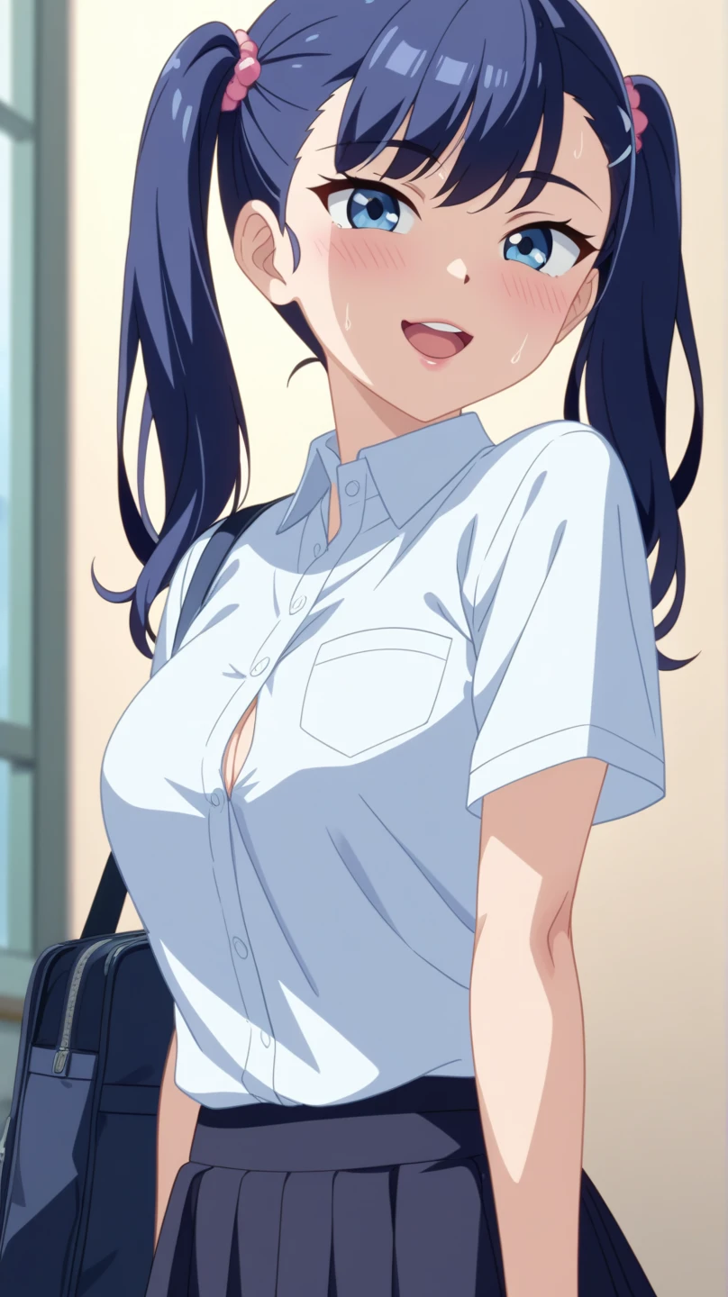 one girl, hair accessory, hair clip, school student, shirt, open mouth, light blue eyes, beautiful girl, hypnosis, medium breasts, bikini, see-through shirt, naive, blush, summer, girl suffer from heat stroke