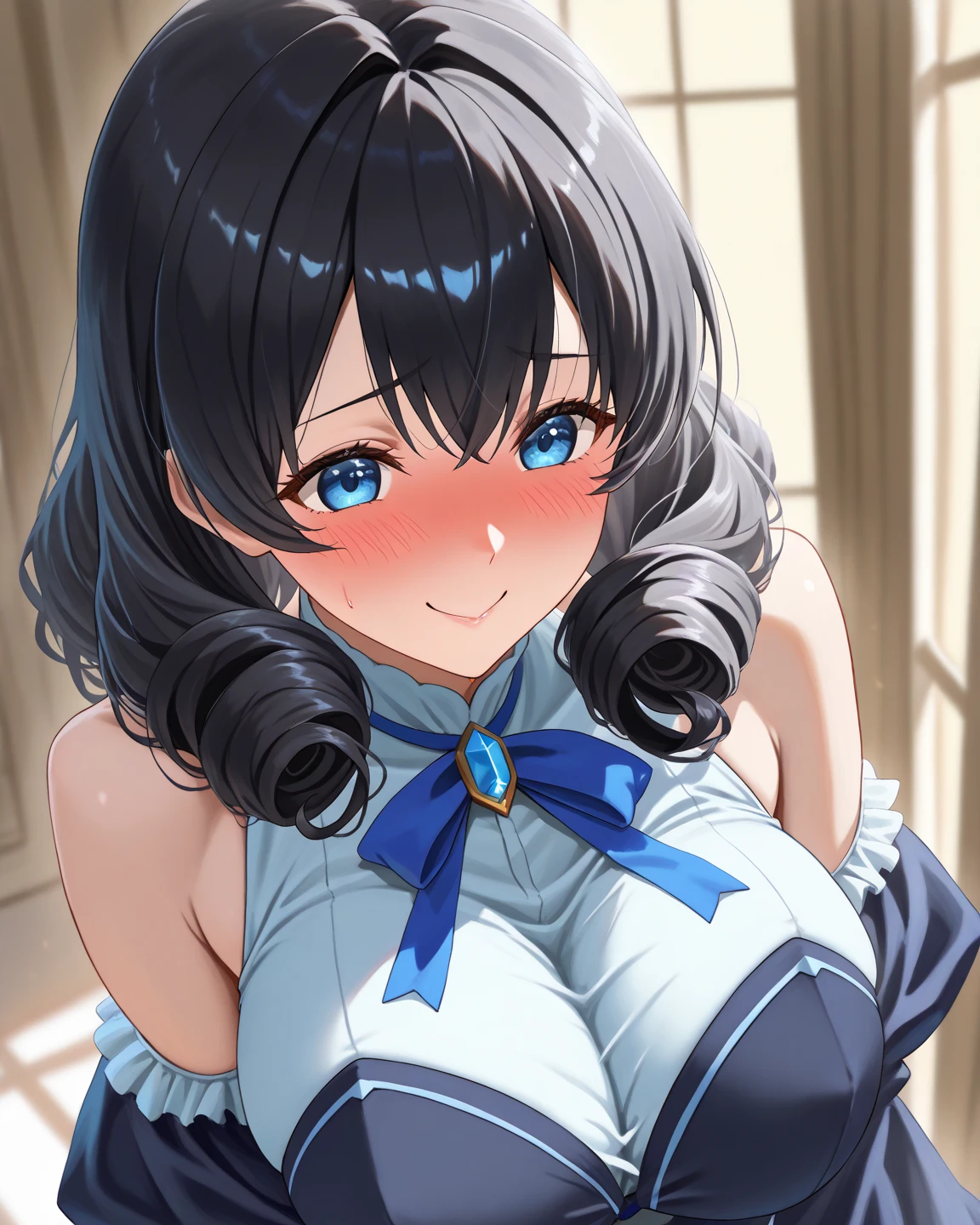 (High resolution:1.4), (masutepiece:1.2), (High quality:1.3) 1girl, saten ruiko, green eyes, long hair, black hair, small breast, (hestia, rei no himo, breasts, long hair, blue ribbon, twintails, gloves, ribbon, dress, rei no himo, large breasts, blue eyes, black hair, white gloves, cleavage, white dress, hair ribbon, bow, sleeveless, sleeveless dress, bangs, cleavage cutout, hair ornament, bowtie, clothing cutout, very long hair, covered navel, arm ribbon),, cinematic lighting, pov, dynamic angle, open mouth, grin, comiket_cosplay_Hiroba comiket_cosplay, N4, nsfw,