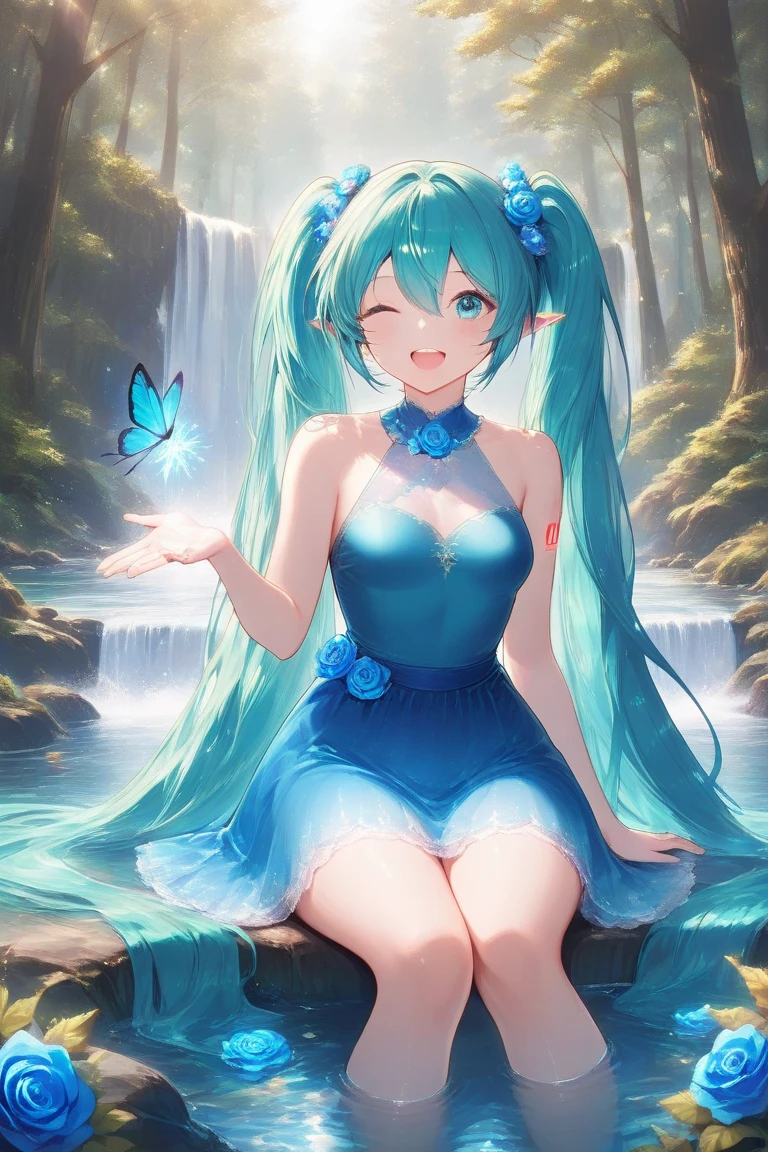EXCELLENT QUALITY,最High Quality,High Quality,Very Beautiful Scenery,artistic,Supreme Masterpiece,One person,VOCALOID,Hatsune Miku,Turquoise Long Twin Tails,blue skirt,Blue Sleeveless Dress,Elf,In a Fantastic Forest Where Soft Sunlight Shines In,waterfall,River with Clear Water,Blue roses are blooming,is sitting,Sexy Thighs,Beautiful girl,cute,Winking and laughing innocently,sparkling splashes,Forest of Spirits,Mysterious,Blue Butterfly々is flying