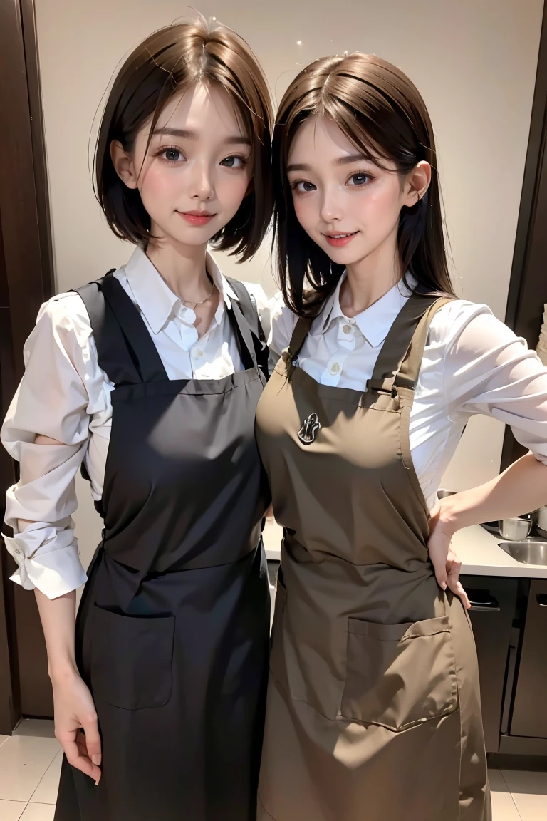 Highest quality、masterpiece、、Very detailed、Realistic、(Two Girls)、(Looking at me with a smile:1.5)、whole body、Small face、(Slender:1.2)、(Big Breasts)、Glasses、Braid、Erect nipples、Hamburger shop clerk、(Gray polyester shirt:1.1)、(Elegant black pants:1.1)、Black Hat、apron、(She spreads her panties with both hands and shows them off.:1.4)