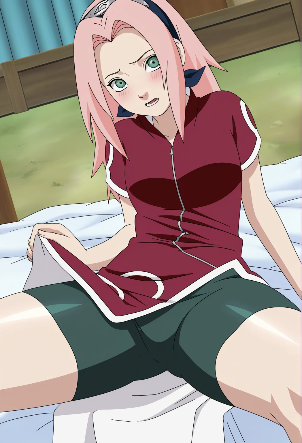 haruno sakura lying on back on grass behind tree, panting, slightly spread legs, exhausted, flustered, wind blowing, red short outfit, wet white thong, konoha headband, naruto anime style, relaxing scene, disheveled, pink pubic-hair, pussy-lips exposed, ultra quality, masterpiece, 8K