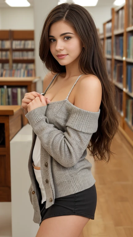 Best quality, masterpiece, ultra high res, (photorealistic:1.4), raw photo, 1girl, offshoulder, in the dark, deep shadow, low key, cold light,in a library