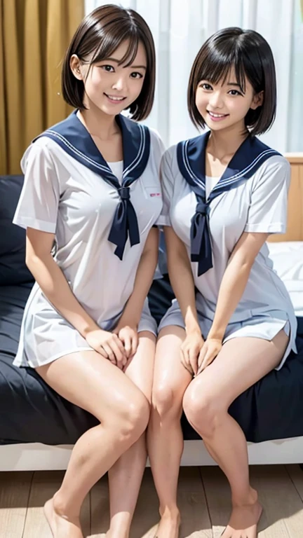 Highest quality, masterpiece, Ultra-high resolution, (Realistic:1.4), Raw photo, One girl, The most famous Japanese actresses, Wearing a volleyball uniform, Very beautiful face, very beautiful big eyes, Very beautiful short hair, Very beautiful skin, Very beautiful long eyelashes, Very beautiful lips, Very beautiful hips, Very beautiful thighs, Upturned buttocks, Dynamic Pose, An innocent smile